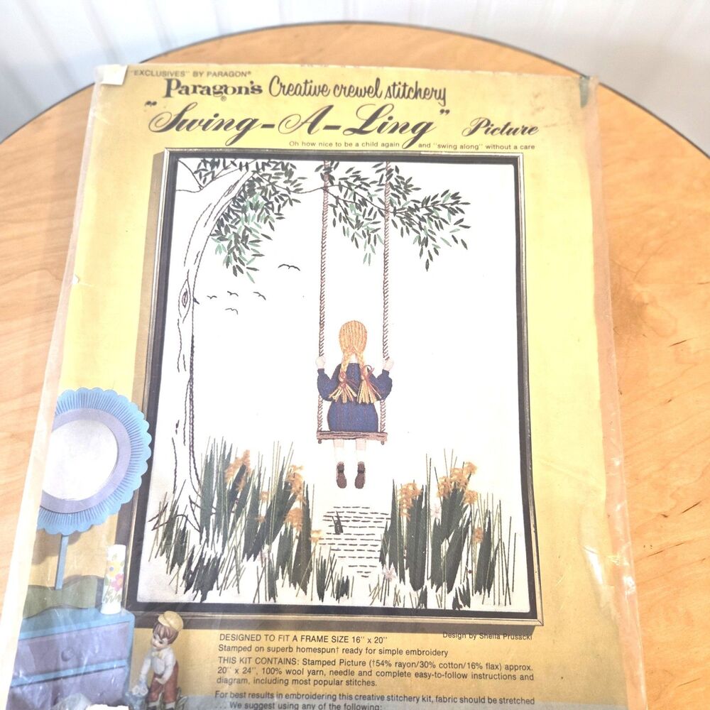 Vintage Paragon Swing-A-Ling Crewel Stitchery Kit 0731 Girl on Swing
